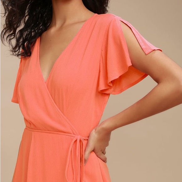 Lulus Harbor Point Coral Wrap Midi Dress - Picture 2 of 8
